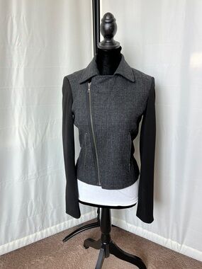 Tahari charcoal gray and black tweed wool motorcycle-style jacket